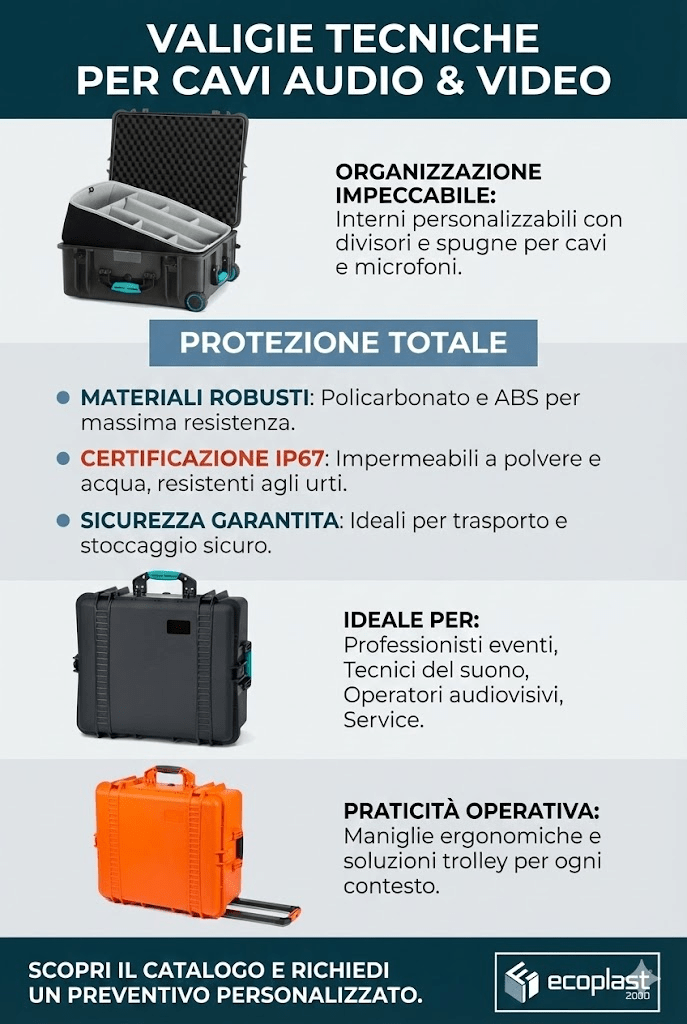 Valigie e valigette professionali Ecoplast2000 per cavi audio, video, luci, DMX, alimentazione e connessioni